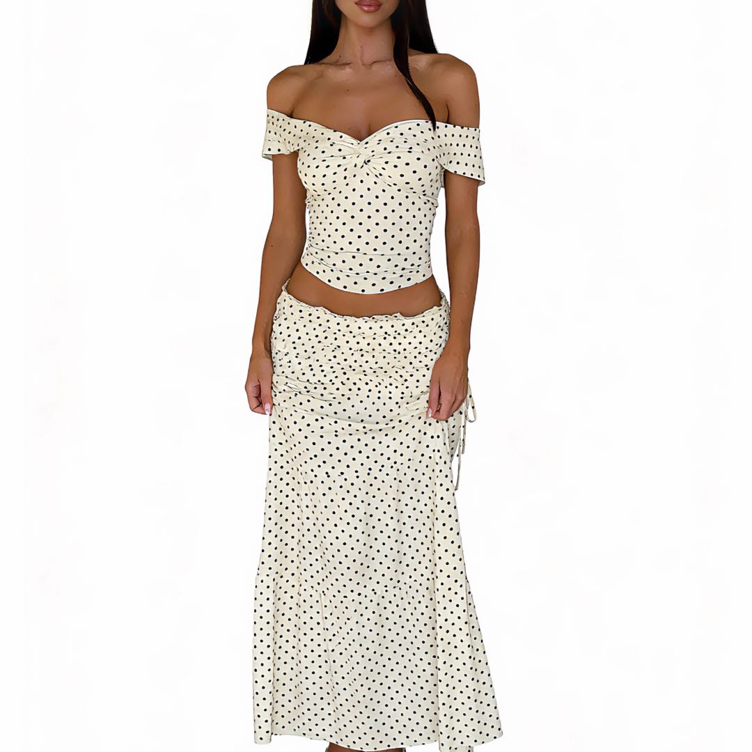 Polka Dot Off-the-Shoulder Crop Top & Maxi Skirt Set